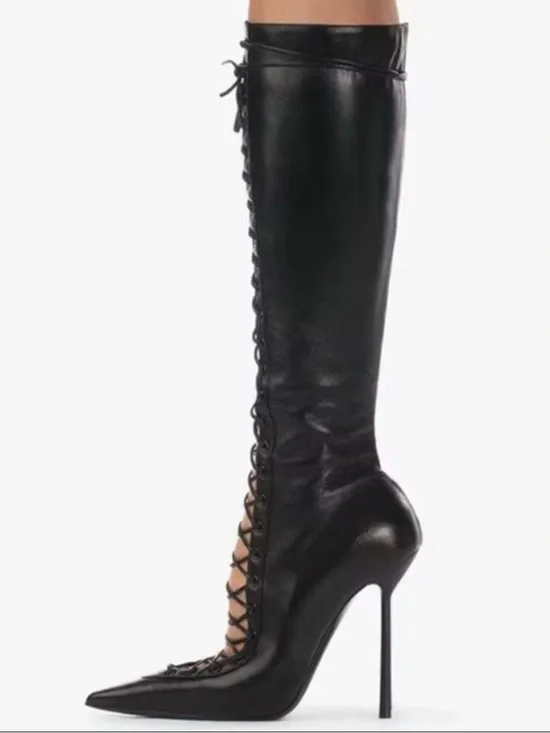 Women's Black Lace-Up Knee-High Stiletto Boots - Picture 3 of 3